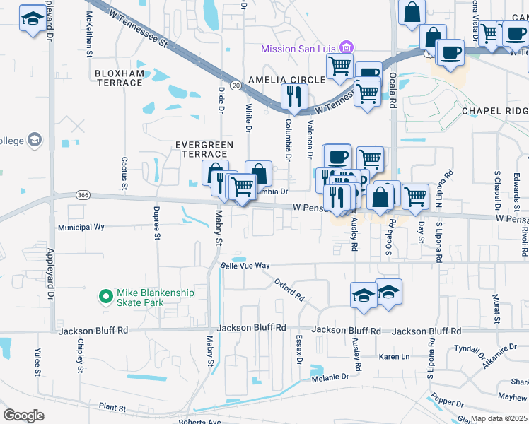 map of restaurants, bars, coffee shops, grocery stores, and more near in Tallahassee