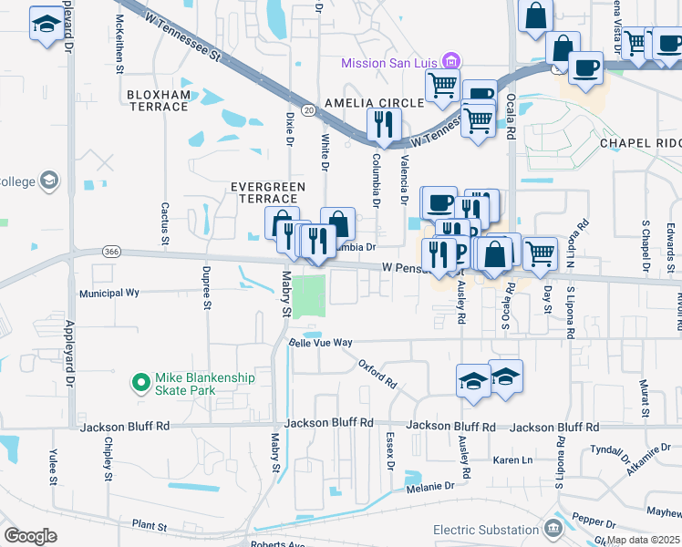 map of restaurants, bars, coffee shops, grocery stores, and more near in Tallahassee