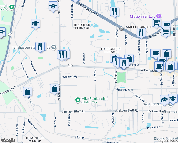 map of restaurants, bars, coffee shops, grocery stores, and more near 2729 West Pensacola Street in Tallahassee