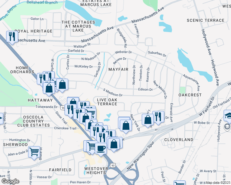 map of restaurants, bars, coffee shops, grocery stores, and more near 421 Edison Drive in Pensacola