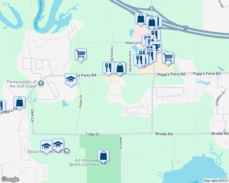 map of restaurants, bars, coffee shops, grocery stores, and more near 1773 Popp's Ferry Road in Biloxi