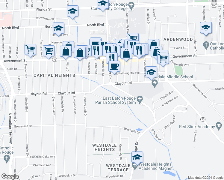 map of restaurants, bars, coffee shops, grocery stores, and more near 4900 Claycut Road in Baton Rouge