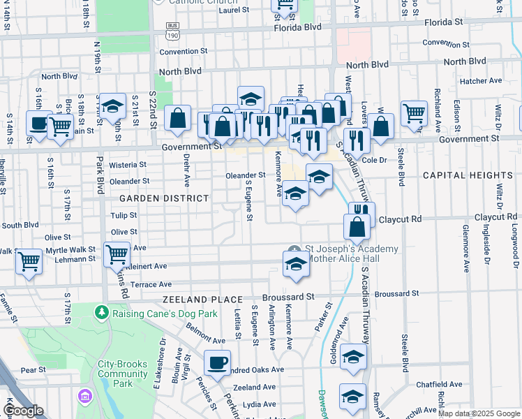 map of restaurants, bars, coffee shops, grocery stores, and more near 2830 McGrath Avenue in Baton Rouge