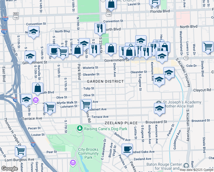 map of restaurants, bars, coffee shops, grocery stores, and more near in Baton Rouge