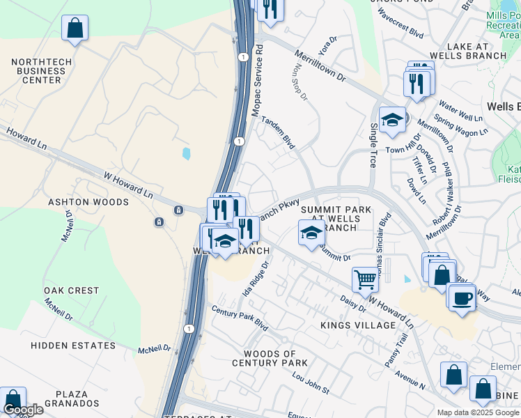 map of restaurants, bars, coffee shops, grocery stores, and more near 3300 Wells Branch Parkway in Austin