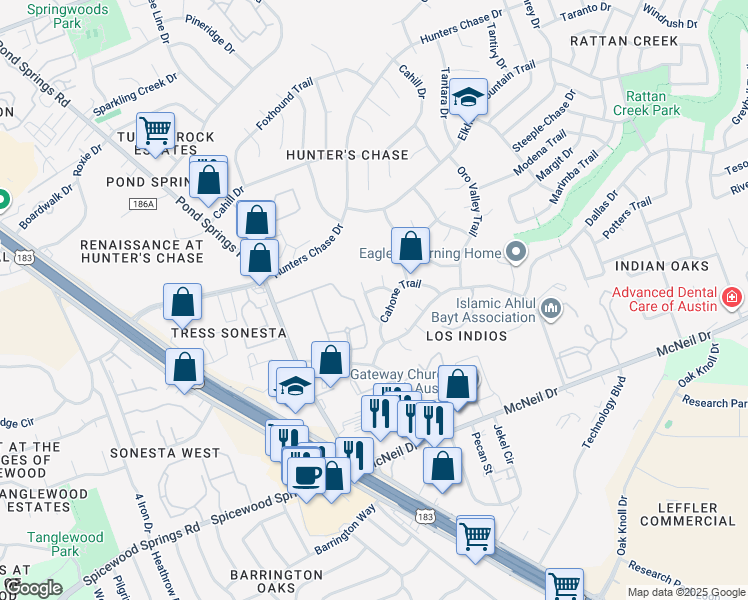 map of restaurants, bars, coffee shops, grocery stores, and more near 8005 Boneta Trail in Austin