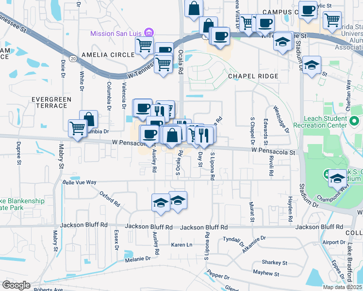 map of restaurants, bars, coffee shops, grocery stores, and more near W Pensacola St & S Ocala Rd in Tallahassee