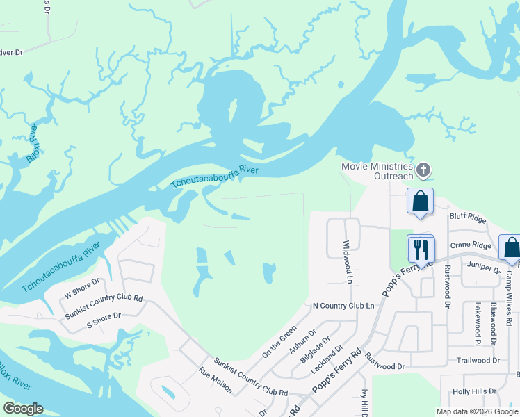map of restaurants, bars, coffee shops, grocery stores, and more near 2335 North Country Club Lane in Biloxi
