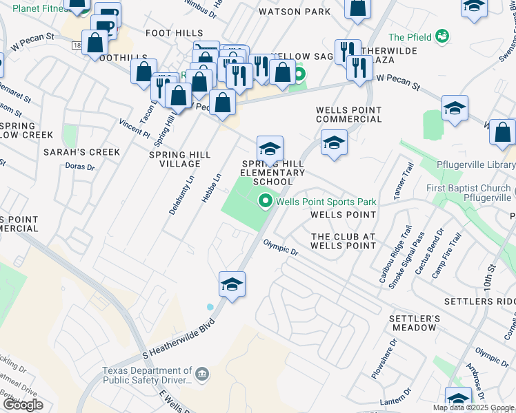 map of restaurants, bars, coffee shops, grocery stores, and more near 800 South Heatherwilde Boulevard in Pflugerville