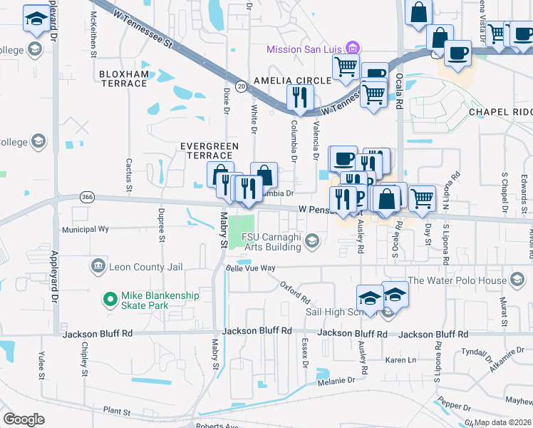 map of restaurants, bars, coffee shops, grocery stores, and more near 2325 West Pensacola Street in Tallahassee