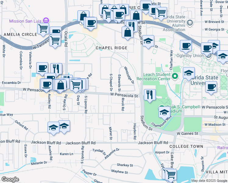 map of restaurants, bars, coffee shops, grocery stores, and more near 1730 West Pensacola Street in Tallahassee