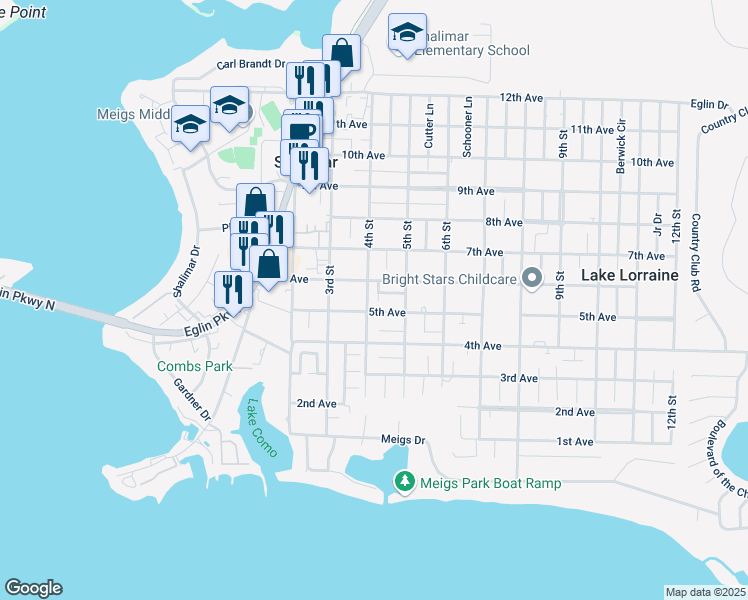 map of restaurants, bars, coffee shops, grocery stores, and more near 127 Post Oak Place in Shalimar
