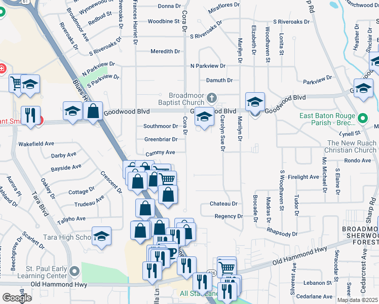 map of restaurants, bars, coffee shops, grocery stores, and more near 1371 Cora Drive in Baton Rouge