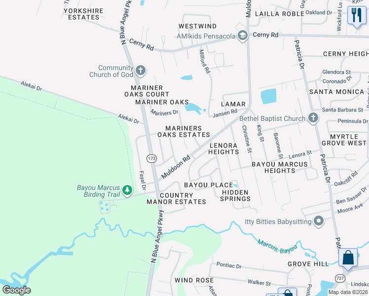 map of restaurants, bars, coffee shops, grocery stores, and more near 3107 Windjammer Court in Pensacola