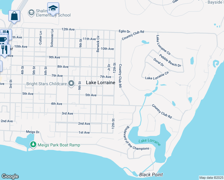 map of restaurants, bars, coffee shops, grocery stores, and more near 37 12th Street in Shalimar