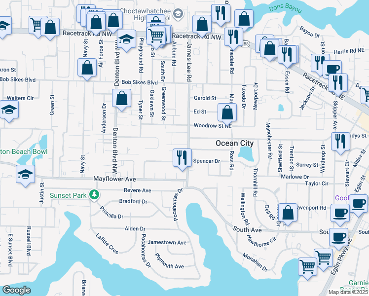 map of restaurants, bars, coffee shops, grocery stores, and more near 201 Newcastle Drive in Fort Walton Beach
