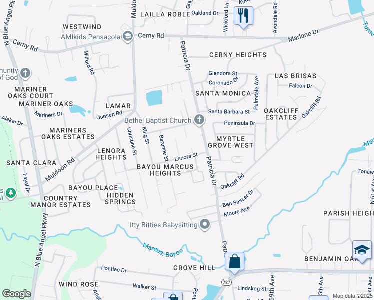 map of restaurants, bars, coffee shops, grocery stores, and more near 3005 Lenora Circle in Pensacola
