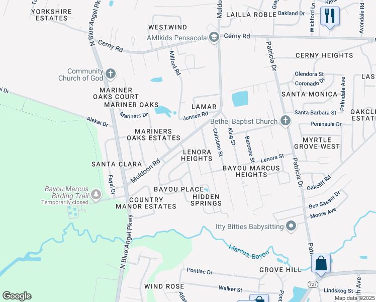 map of restaurants, bars, coffee shops, grocery stores, and more near 3090 Creole Way in Pensacola