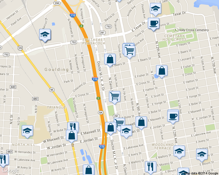 map of restaurants, bars, coffee shops, grocery stores, and more near 2715 North Davis Highway in Pensacola