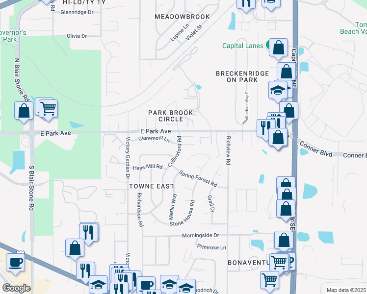 map of restaurants, bars, coffee shops, grocery stores, and more near 2505 Prest Court in Tallahassee