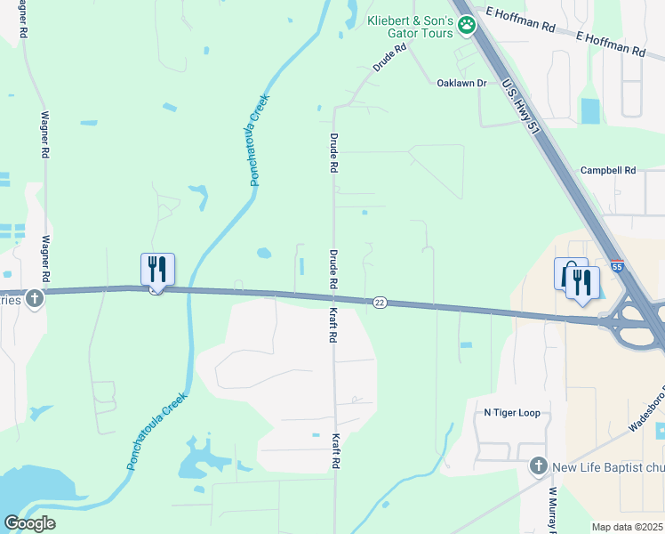 map of restaurants, bars, coffee shops, grocery stores, and more near 40049 Drude Road in Ponchatoula