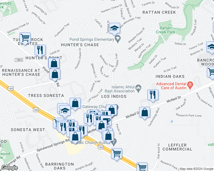 map of restaurants, bars, coffee shops, grocery stores, and more near 12401 Los Indios Trail in Austin