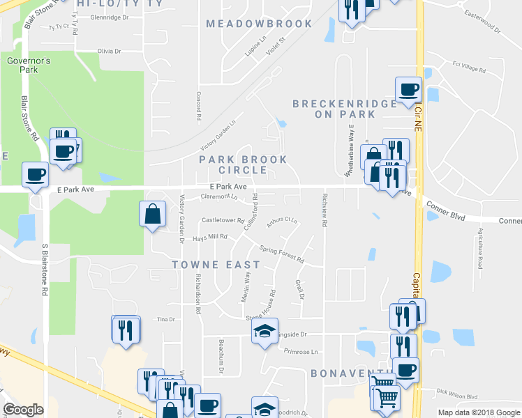 map of restaurants, bars, coffee shops, grocery stores, and more near 2382 Claremont Lane in Tallahassee