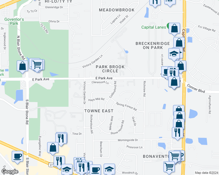 map of restaurants, bars, coffee shops, grocery stores, and more near 2382 Claremont Lane in Tallahassee