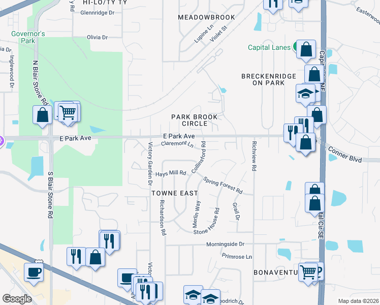 map of restaurants, bars, coffee shops, grocery stores, and more near 581 Chicopee Court in Tallahassee