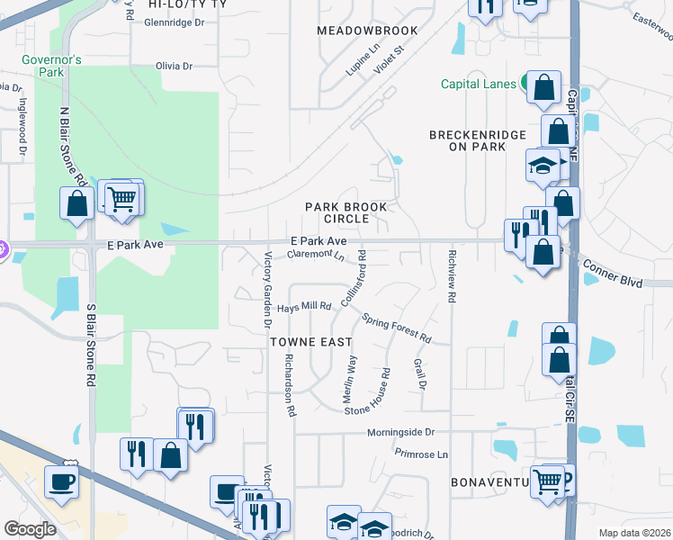 map of restaurants, bars, coffee shops, grocery stores, and more near 581 Chicopee Court in Tallahassee