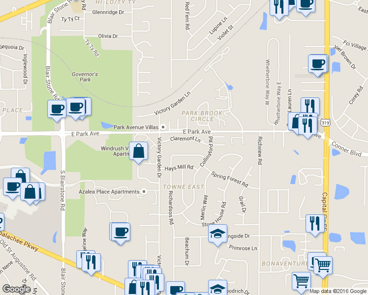 map of restaurants, bars, coffee shops, grocery stores, and more near 581 Chicopee Court in Tallahassee