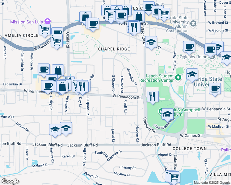 map of restaurants, bars, coffee shops, grocery stores, and more near 101 South Chapel Drive in Tallahassee