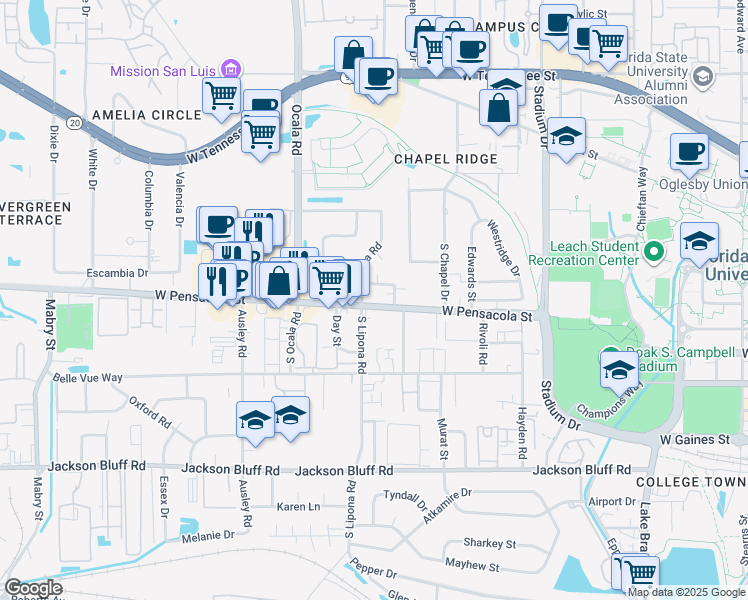 map of restaurants, bars, coffee shops, grocery stores, and more near 1857 Ivy Lane in Tallahassee
