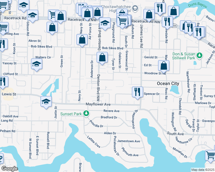 map of restaurants, bars, coffee shops, grocery stores, and more near 112 Pentecost Way in Fort Walton Beach
