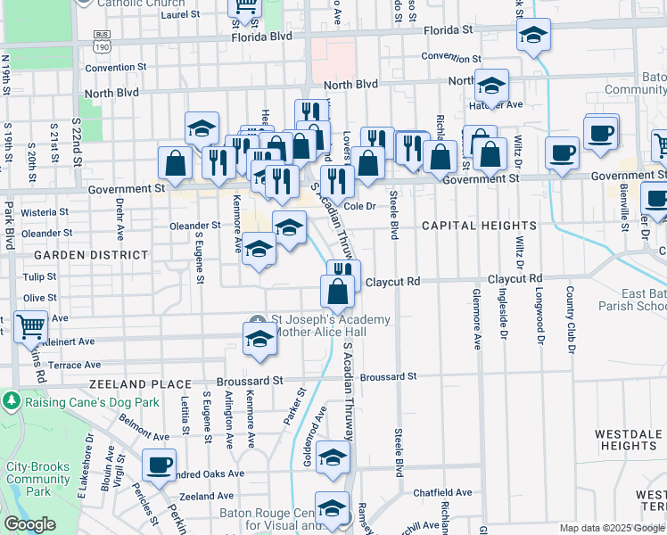 map of restaurants, bars, coffee shops, grocery stores, and more near 744D Marie Drive in Baton Rouge