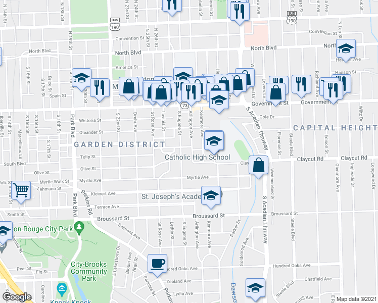 map of restaurants, bars, coffee shops, grocery stores, and more near 2830 McGrath Avenue in Baton Rouge