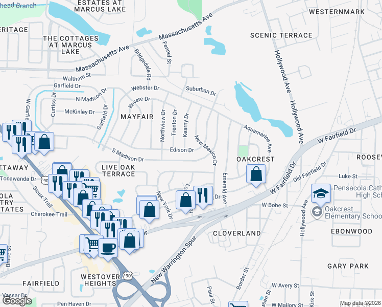 map of restaurants, bars, coffee shops, grocery stores, and more near 704 Edison Drive in Pensacola