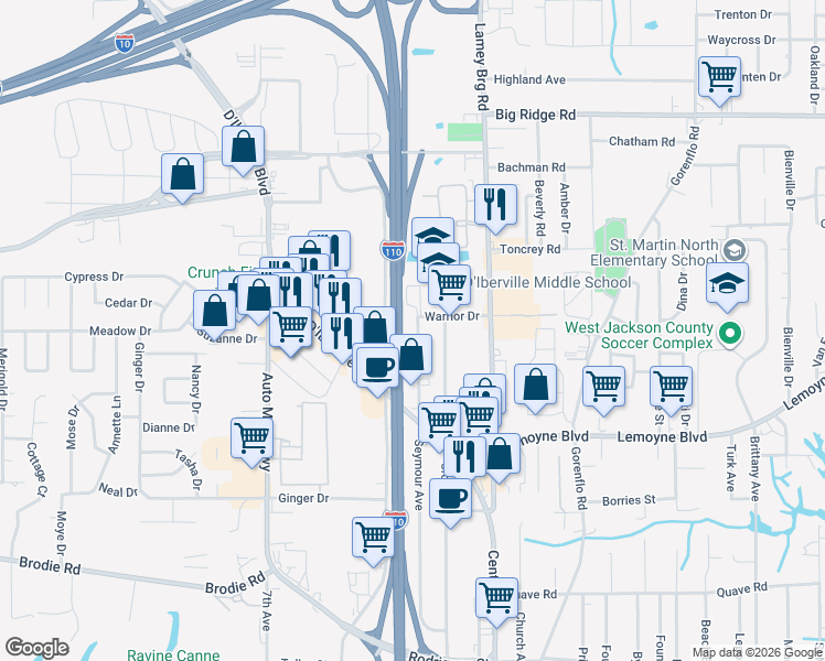 map of restaurants, bars, coffee shops, grocery stores, and more near Mississippi 15 in D'Iberville