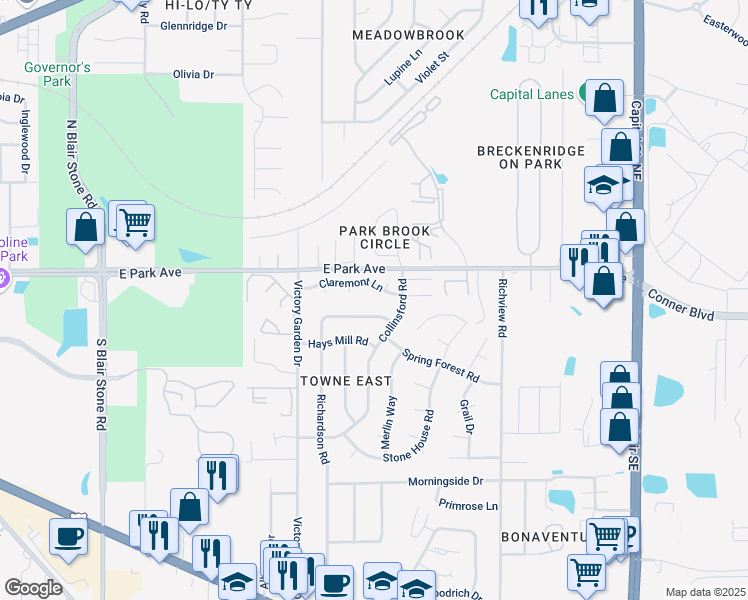 map of restaurants, bars, coffee shops, grocery stores, and more near 581 Chicopee Court in Tallahassee
