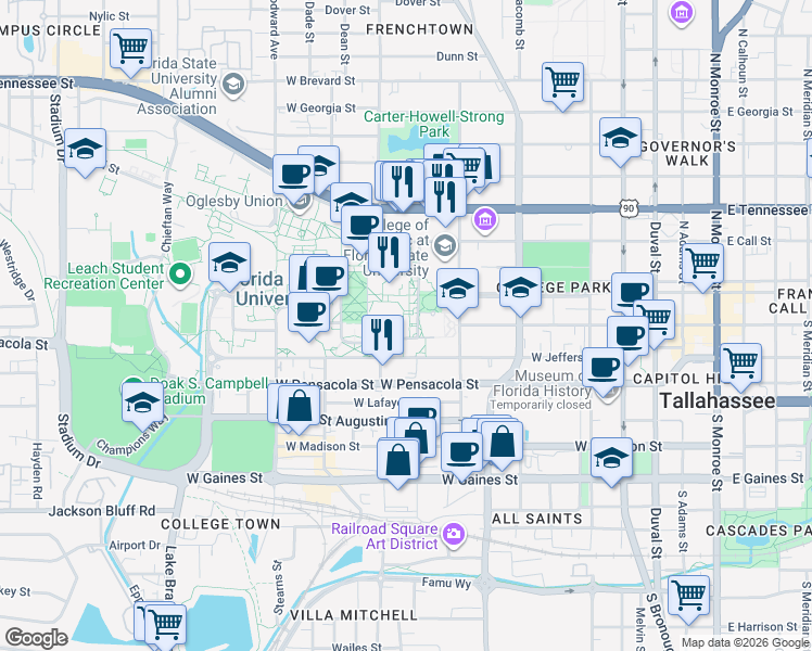 map of restaurants, bars, coffee shops, grocery stores, and more near 182 Convocation Way in Tallahassee