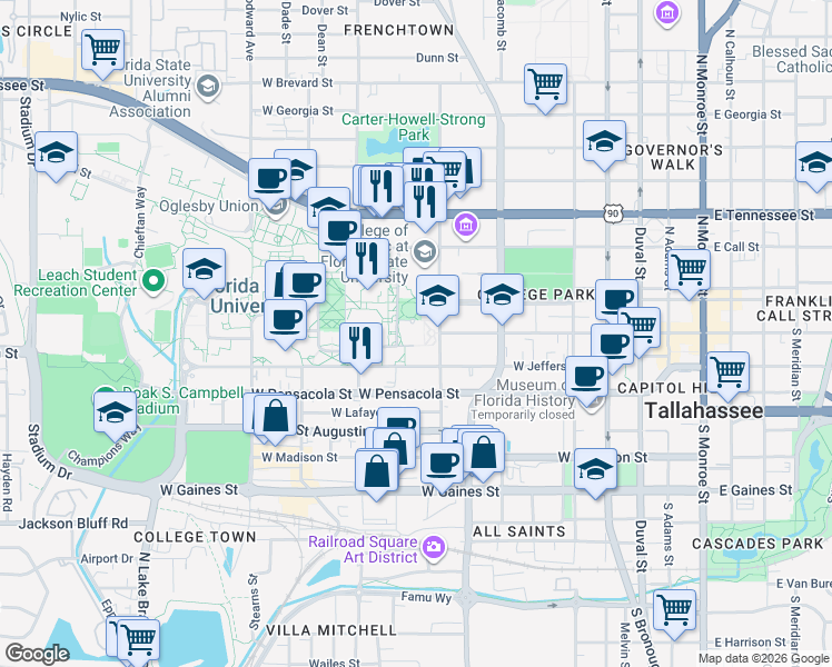 map of restaurants, bars, coffee shops, grocery stores, and more near 222 South Copeland Street in Tallahassee