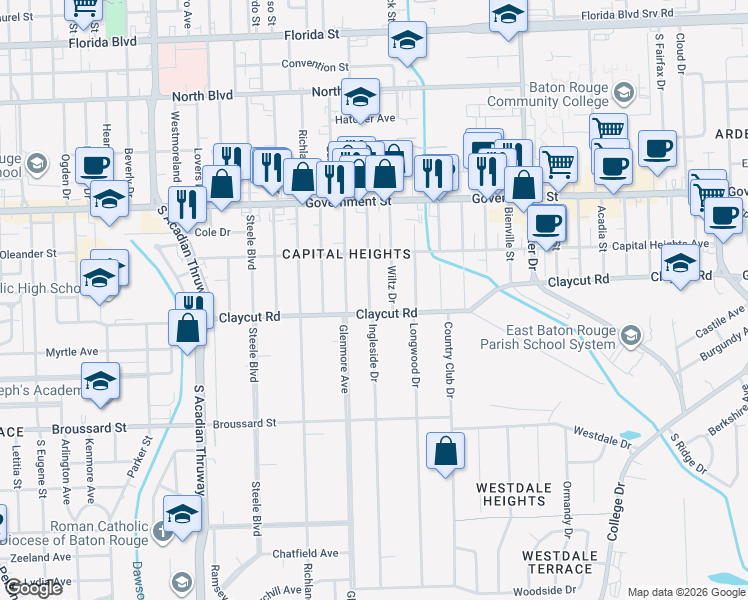 map of restaurants, bars, coffee shops, grocery stores, and more near 832 Ingleside Drive in Baton Rouge