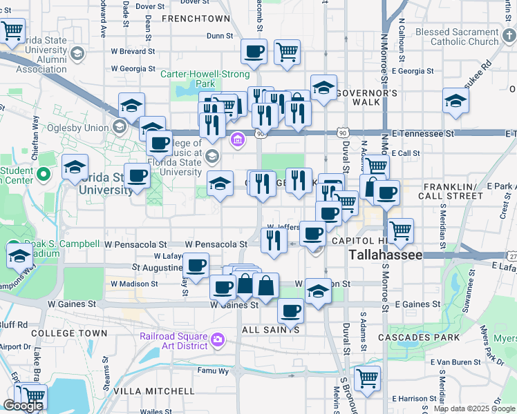map of restaurants, bars, coffee shops, grocery stores, and more near in Tallahassee