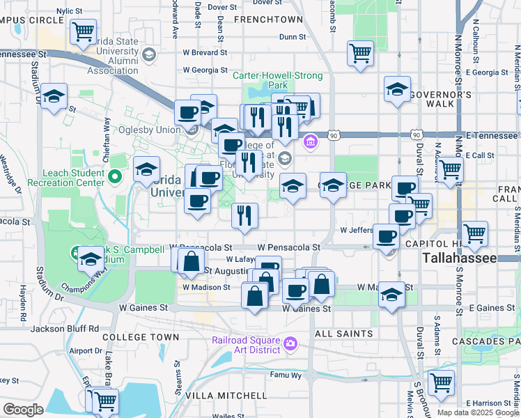 map of restaurants, bars, coffee shops, grocery stores, and more near 182 Convocation Way in Tallahassee