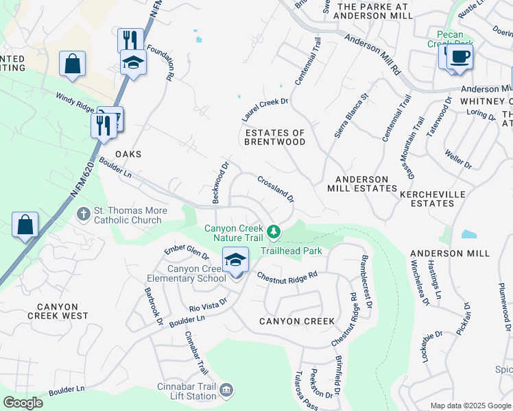 map of restaurants, bars, coffee shops, grocery stores, and more near 11015 Andenwood Drive in Austin