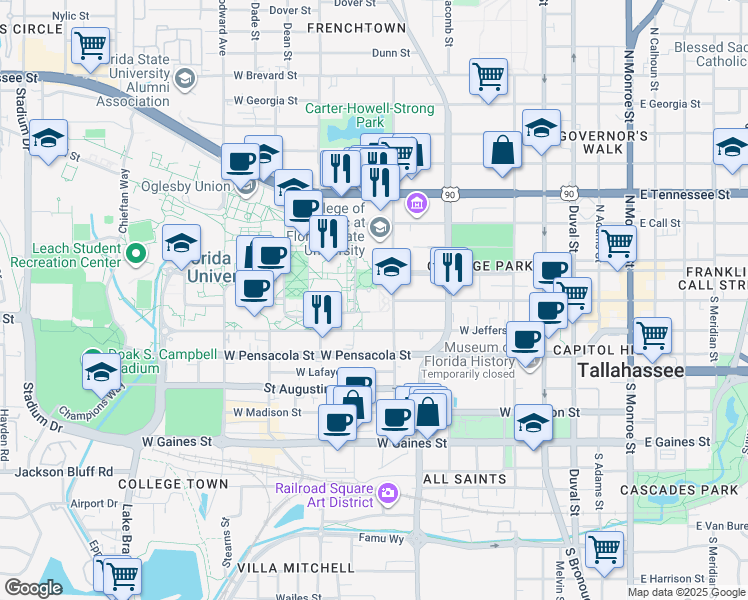 map of restaurants, bars, coffee shops, grocery stores, and more near 222 South Copeland Street in Tallahassee