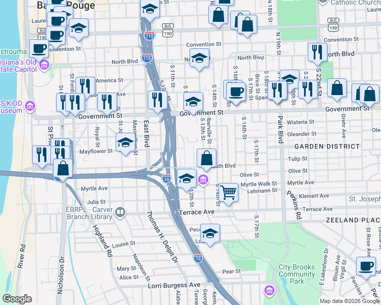 map of restaurants, bars, coffee shops, grocery stores, and more near 722 Eddie Robinson Sr Drive in Baton Rouge
