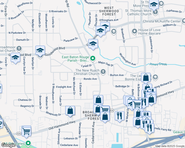 map of restaurants, bars, coffee shops, grocery stores, and more near 10682 Browning Drive in Baton Rouge