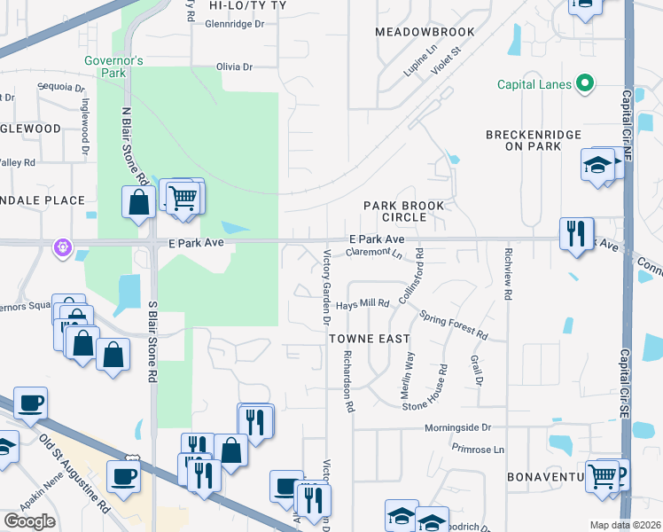 map of restaurants, bars, coffee shops, grocery stores, and more near 165 Victory Garden Drive in Tallahassee