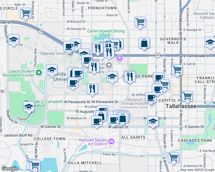 map of restaurants, bars, coffee shops, grocery stores, and more near 222 South Copeland Street in Tallahassee